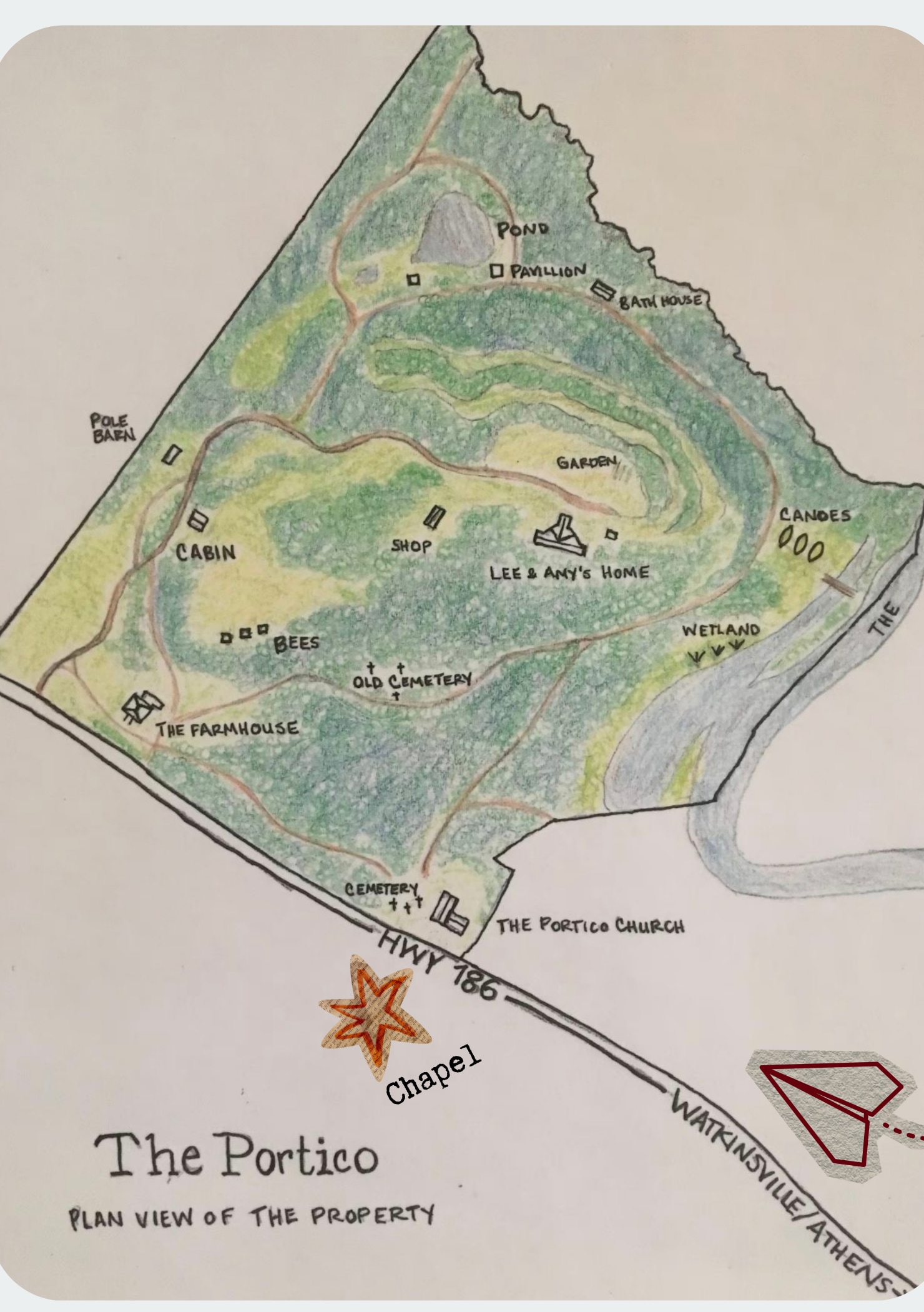 Hand-drawn plan view of The Portico property, showing the chapel on Highway 186, the farmhouse, cabin, pond, pavilion and garden.